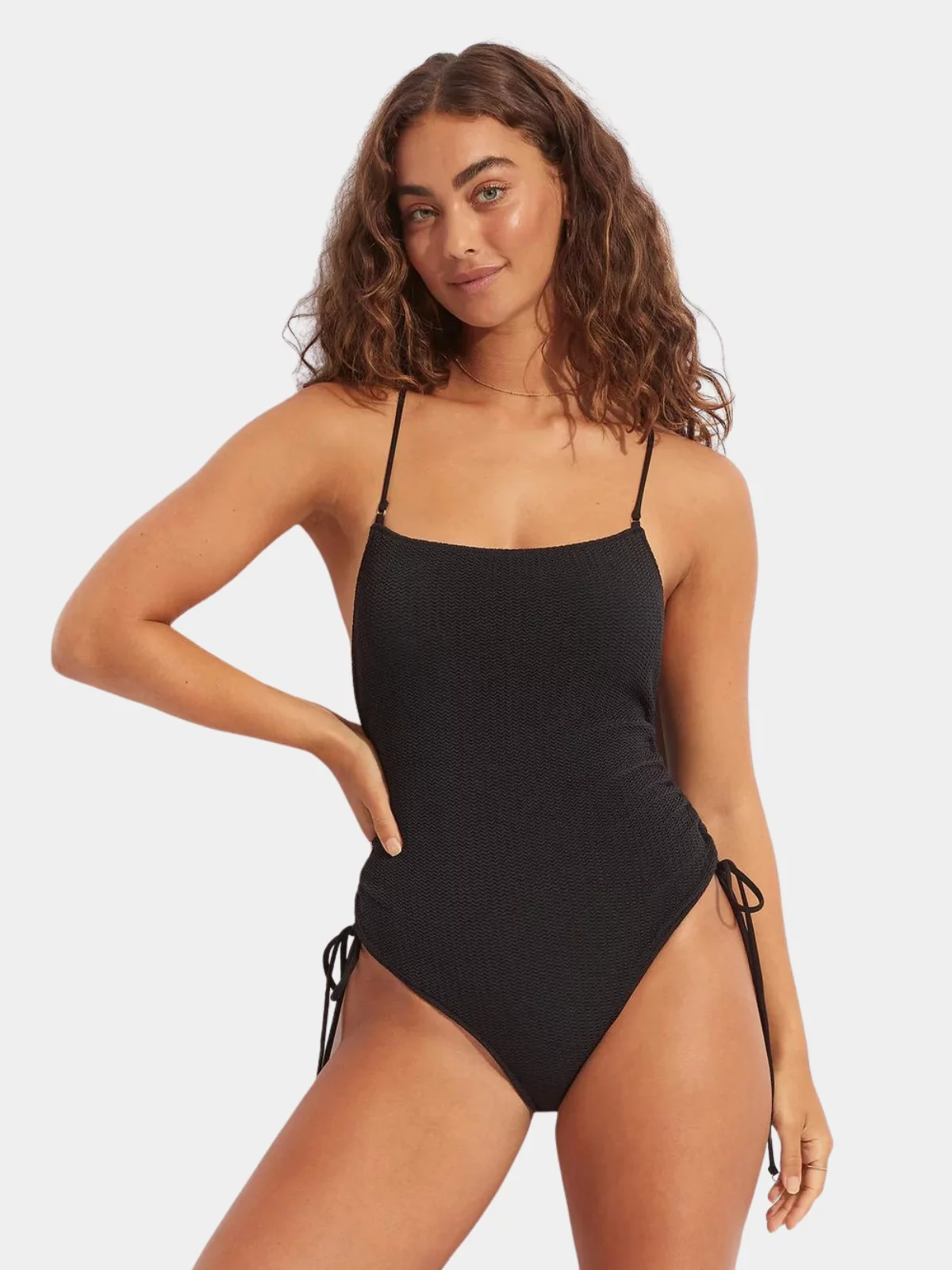 Textured-Rib V-Neck Tie-Waist One-Piece Swimsuit for Women